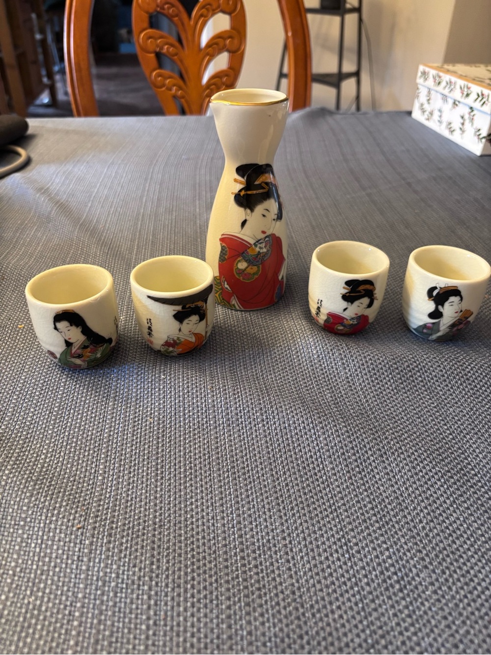 Vintage Ceramic Sake Set in White and Red Geisha Motifs JAPAN